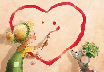 Das BIld zeigt eine Zeichnung eines Mädchens, das mit einem Pinsel ein rotes Herz an die Wand gemalt hat und gerade einen Smiley hineinzeichnet. Daneben sitzt eine Maus, die einen Blumenstrauß hält. | © SONNENTOR