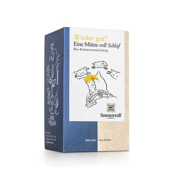 Foto einer Packung Eine Mütze voll Schlaf Tee Bio-Kräuterteemischung. Auf der Packung ist eine Abbildung von einem schlafenden Mann mit gelber Schalfmütze und ober ihm hüpfen drei Schafe.