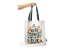Auf der Tragtasche ist der Schriftzug "Here comes the sun", rundherum ist eine bläuliche Blätterliane mit bunten Figuren dazwischen.