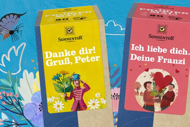 Hier sind zwei individuelle Probier mal! Teepackungen zu sehen. | © SONNENTOR