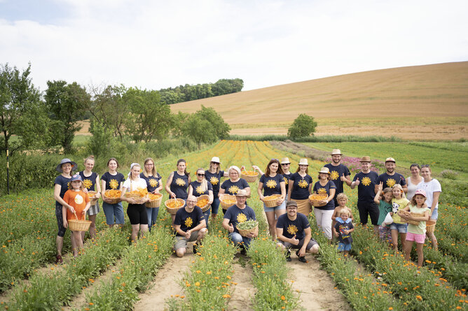 Na fotografii pózuje skupina necelých třiceti lidí na poli s rozkvetlým měsíčkem, většina z nich je ve firemním tričku s usmívajícím se sluncem. Jedná se o spolupracovníky firmy SONNENTOR a jejich partnery nebo děti. Mnoho z nich drží košík na sběr měsíčku. | © SONNENTOR
