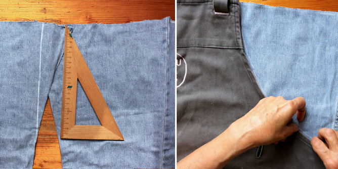Grillschürze Jeans | © SONNENTOR Auf dem Foto sieht man wie auf der zerschnittenen Jeans Kreide Linien eingezeichnet werden. | © SONNENTOR