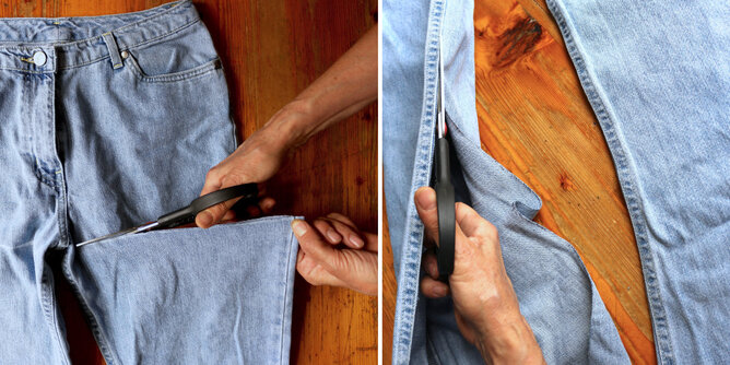 Jeans schneiden | © SONNENTOR Auf dem Foto sieht man wie eine Jeans zerschnitten wird. | © SONNENTOR