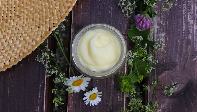 Deo Creme | © SONNENTOR Auf dem Foto sieht man eine kleines Gefäß mit Deo. Daneben sieht man Kräuter und Blüten. | © SONNENTOR