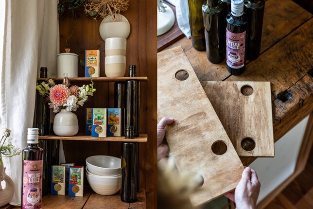 So einfach geht ein Flaschenregal mit SONNENTOR Sirupflaschen | © SONNENTOR