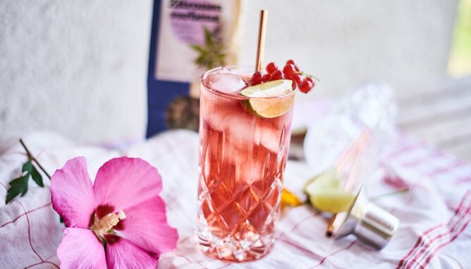 Cocktail Longdrink | © SONNENTOR Auf dem Foto ist ein Cocktail Longdrink zu sehen. Darin sieht man Eiswürfel, Ribisel und ein Stück Limette. | © SONNENTOR