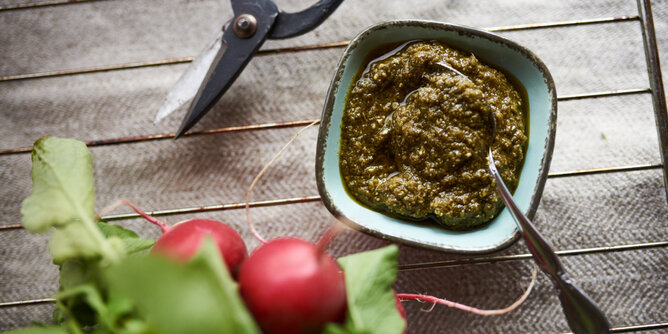 Pesto | © SONNENTOR Foto von einer Schale mit Pesto. Daneben sieht man frische Radieschen. | © SONNENTOR